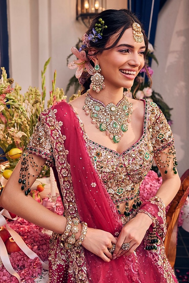 Bright Pink Raw Silk & Polyester Hand Embellished Bridal Lehenga Set by Swish By dolcy and Simran at Pernia's Pop Up Shop