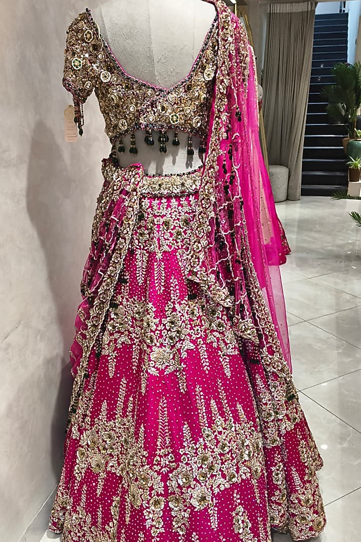 Bright Pink Raw Silk & Polyester Hand Embellished Bridal Lehenga Set by Swish By dolcy and Simran at Pernia's Pop Up Shop