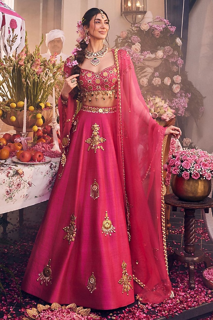 Pink Raw Silk Hand Embellished Bridal Lehenga Set by Swish By dolcy and Simran at Pernia's Pop Up Shop