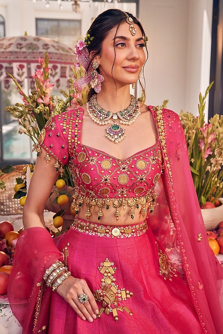 Pink Raw Silk Hand Embellished Bridal Lehenga Set by Swish By dolcy and Simran at Pernia's Pop Up Shop