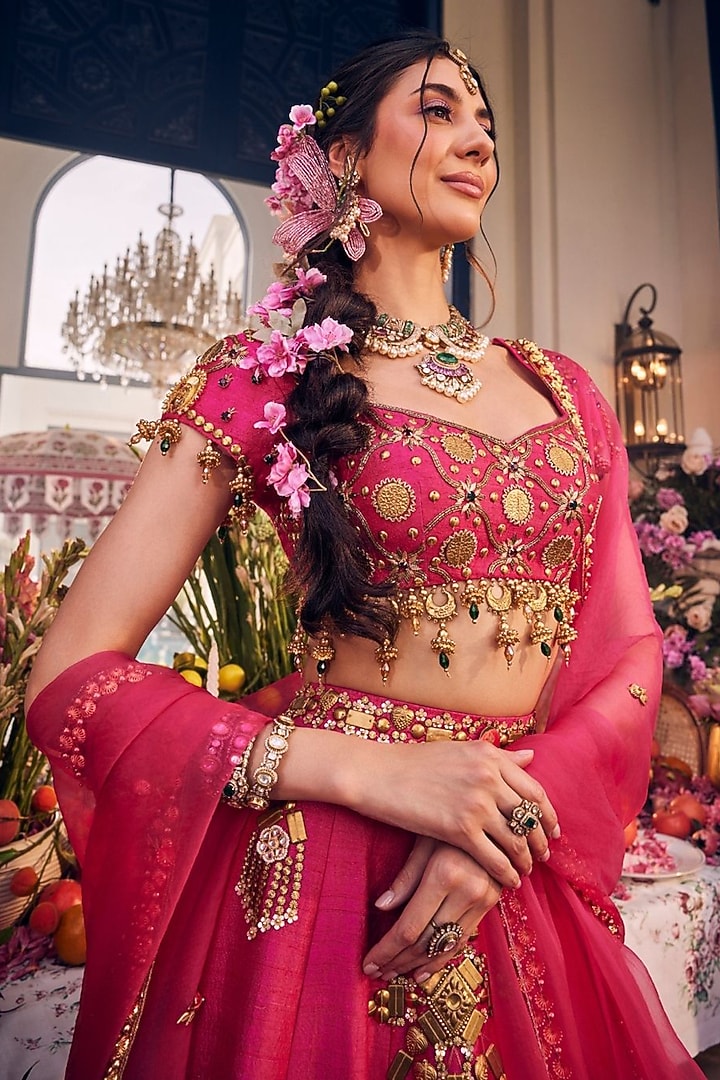 Pink Raw Silk Hand Embellished Bridal Lehenga Set by Swish By dolcy and Simran at Pernia's Pop Up Shop