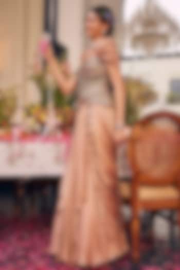 Champagne Gold Satin Organza Hand Embellished Skirt Set by Swish By dolcy and Simran at Pernia's Pop Up Shop