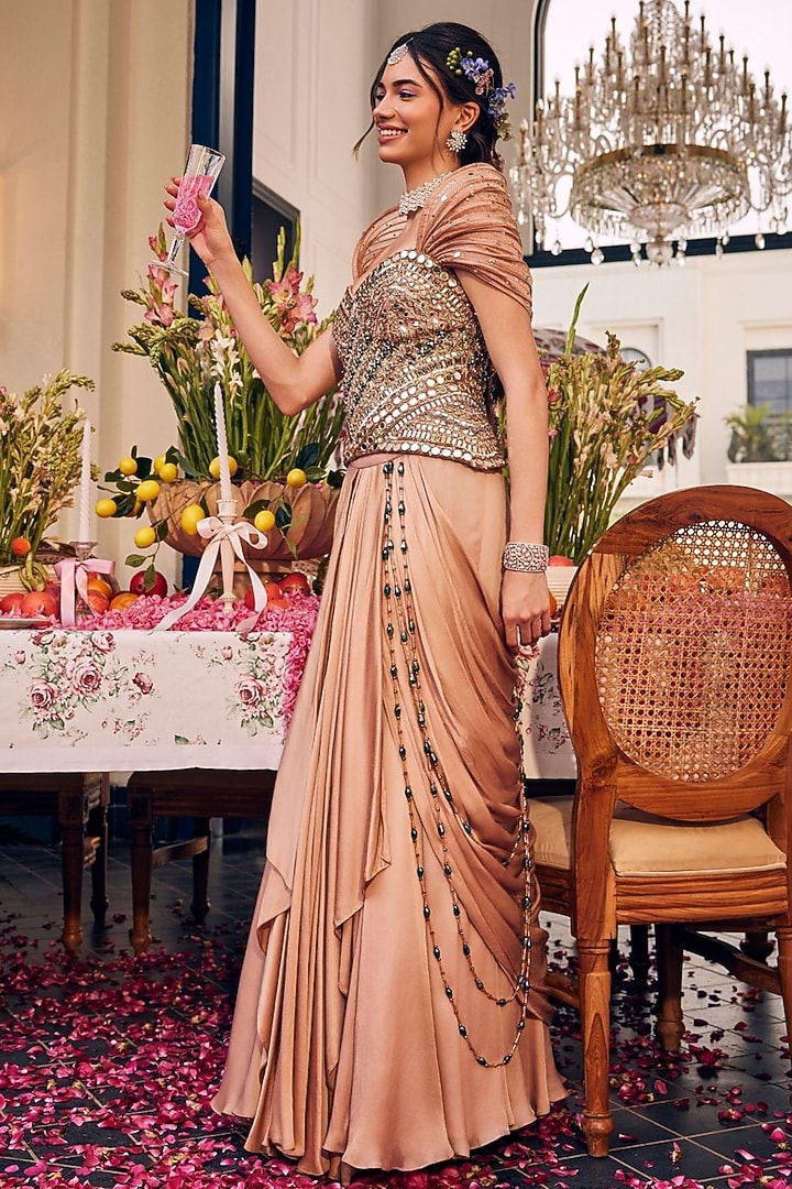 Champagne Gold Satin Organza Hand Embellished Skirt Set by Swish By dolcy and Simran at Pernia's Pop Up Shop