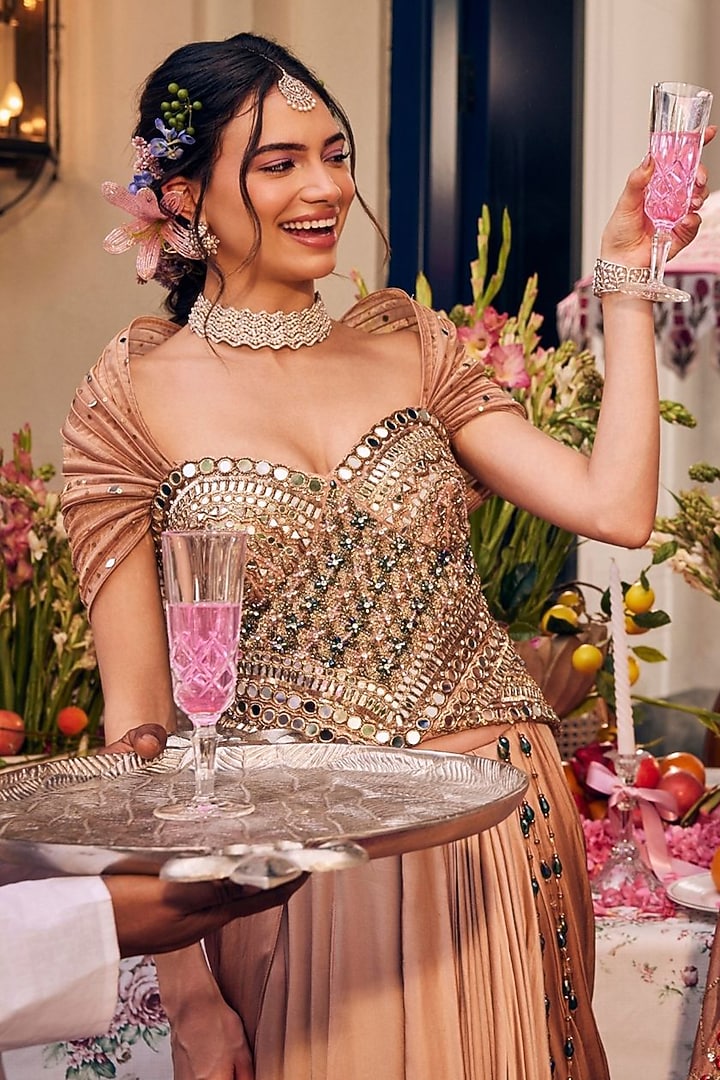 Champagne Gold Satin Organza Hand Embellished Skirt Set by Swish By dolcy and Simran at Pernia's Pop Up Shop