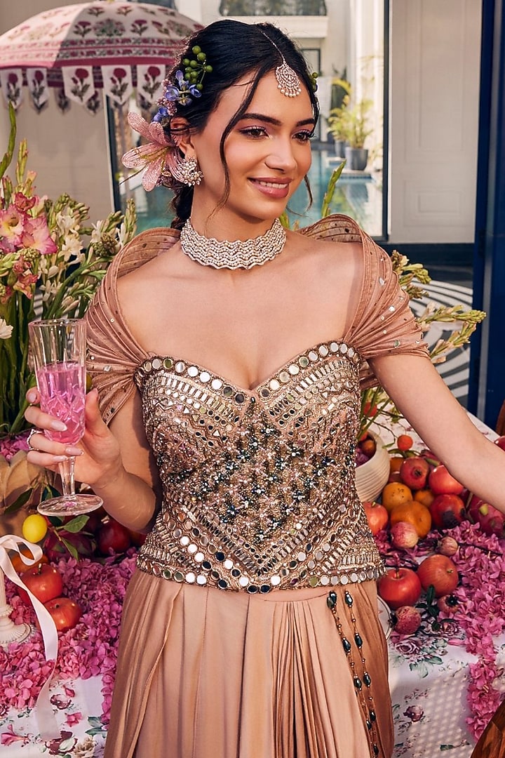 Champagne Gold Satin Organza Hand Embellished Skirt Set by Swish By dolcy and Simran at Pernia's Pop Up Shop