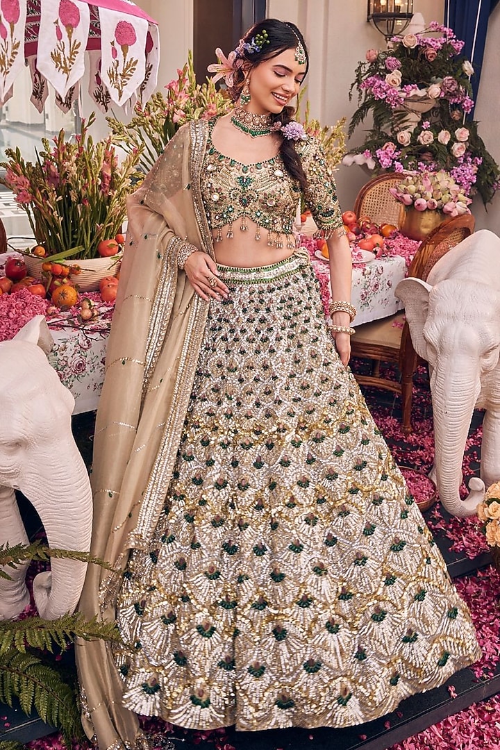 Gold Tissue & Polyester Hand Embellished Bridal Lehenga Set by Swish By dolcy and Simran at Pernia's Pop Up Shop