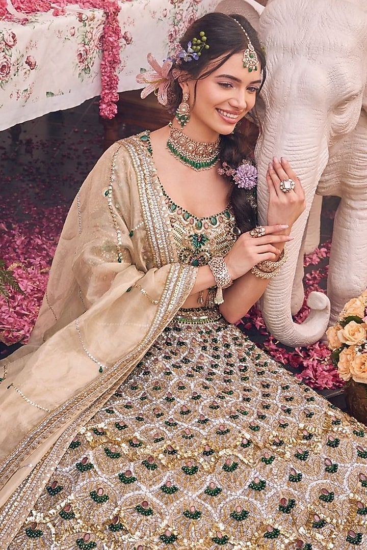 Gold Tissue & Polyester Hand Embellished Bridal Lehenga Set by Swish By dolcy and Simran at Pernia's Pop Up Shop