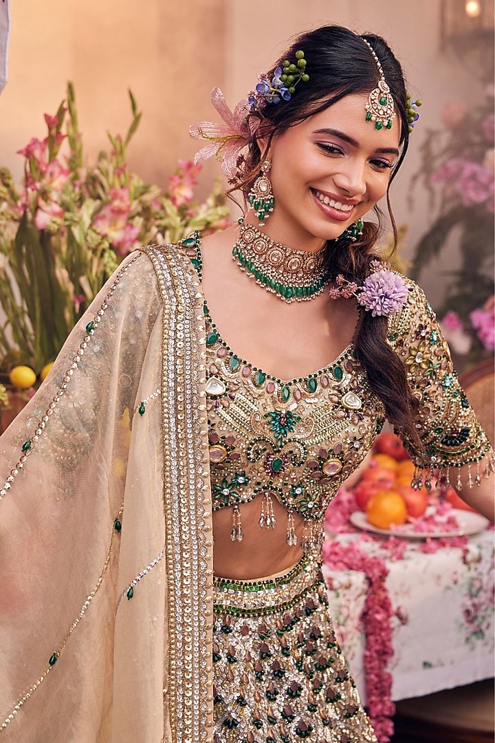 Gold Tissue & Polyester Hand Embellished Bridal Lehenga Set by Swish By dolcy and Simran at Pernia's Pop Up Shop