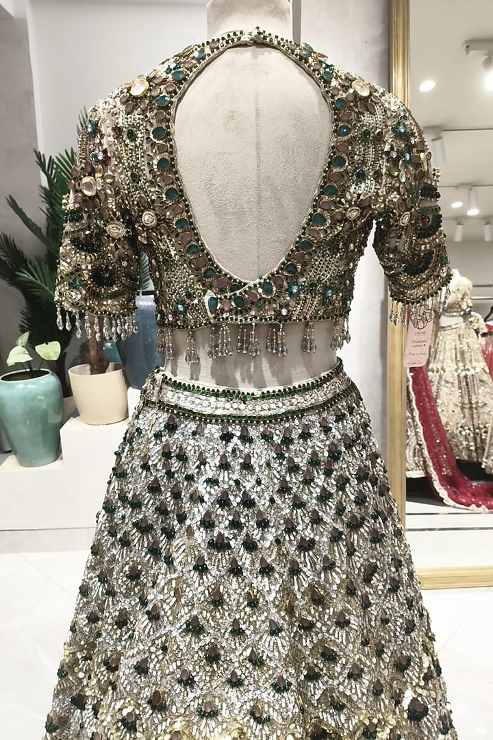 Gold Tissue & Polyester Hand Embellished Bridal Lehenga Set by Swish By dolcy and Simran at Pernia's Pop Up Shop