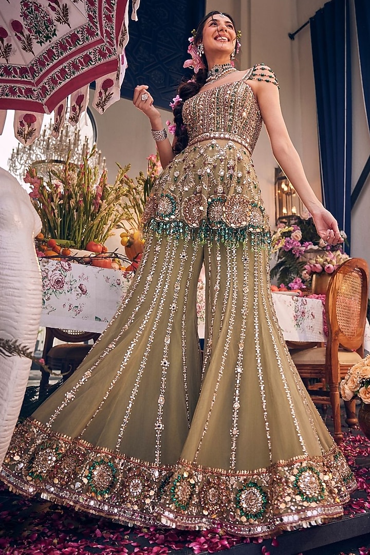 Olive Net Hand Embellished Bridal Sharara Set by Swish By dolcy and Simran at Pernia's Pop Up Shop
