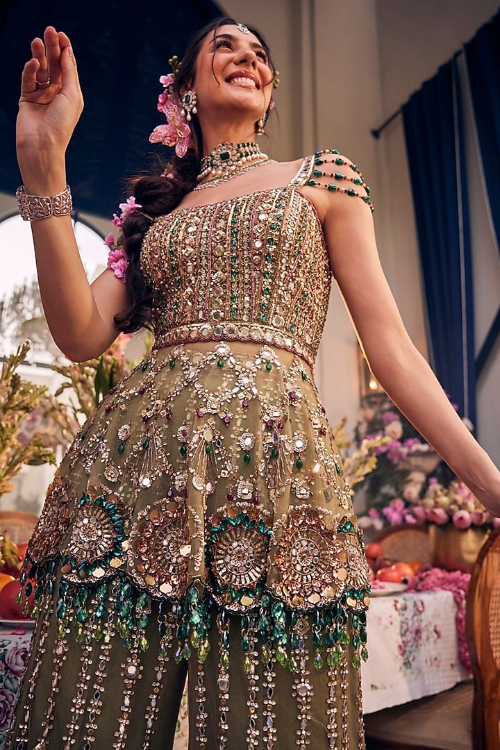 Olive Net Hand Embellished Bridal Sharara Set by Swish By dolcy and Simran at Pernia's Pop Up Shop
