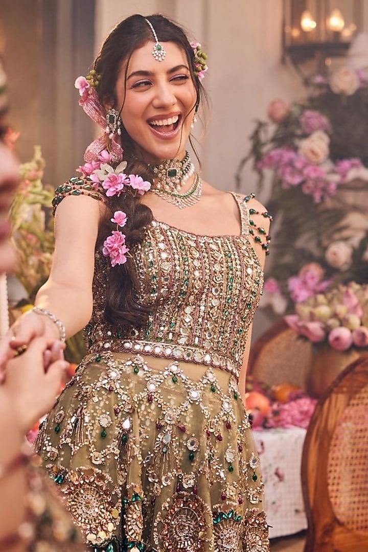 Olive Net Hand Embellished Bridal Sharara Set by Swish By dolcy and Simran at Pernia's Pop Up Shop