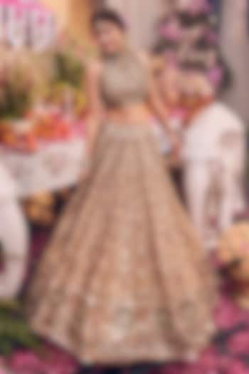 Gold Tissue & Polyester Hand Embellished Bridal Lehenga Set by Swish By dolcy and Simran at Pernia's Pop Up Shop