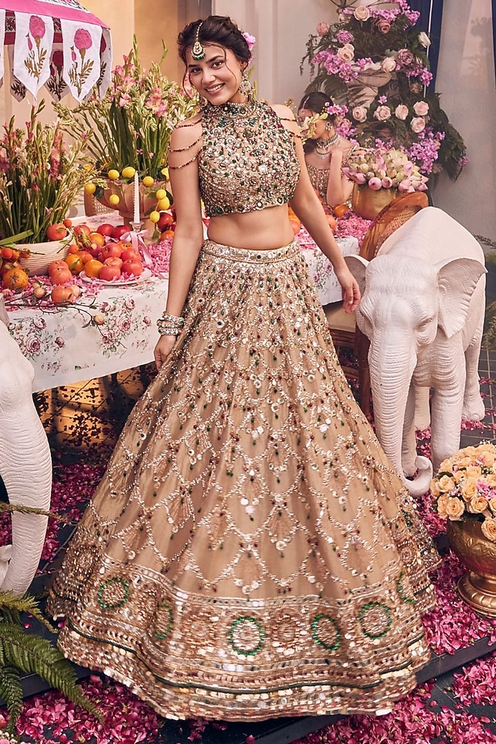 Gold Tissue & Polyester Hand Embellished Bridal Lehenga Set by Swish By dolcy and Simran at Pernia's Pop Up Shop