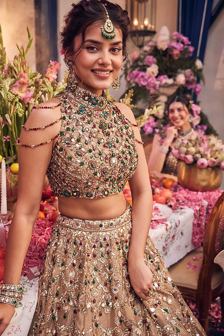 Gold Tissue & Polyester Hand Embellished Bridal Lehenga Set by Swish By dolcy and Simran at Pernia's Pop Up Shop