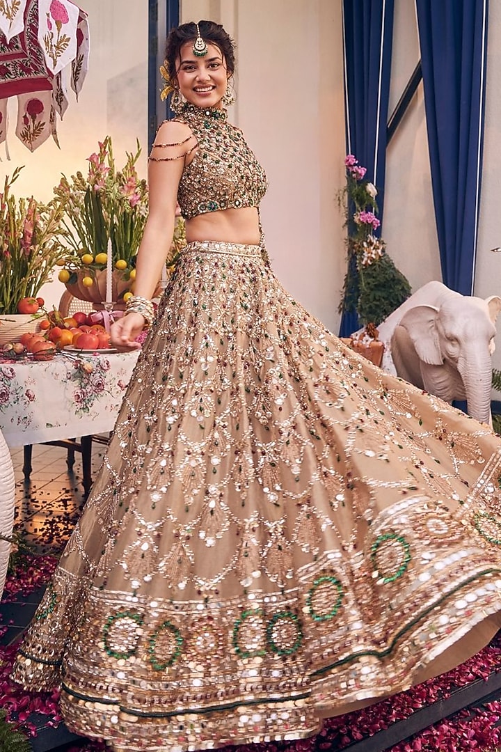 Gold Tissue & Polyester Hand Embellished Bridal Lehenga Set by Swish By dolcy and Simran at Pernia's Pop Up Shop