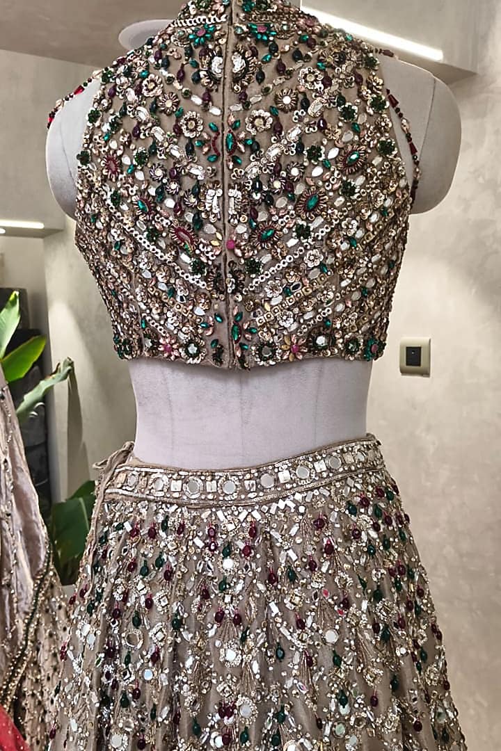 Gold Tissue & Polyester Hand Embellished Bridal Lehenga Set by Swish By dolcy and Simran at Pernia's Pop Up Shop