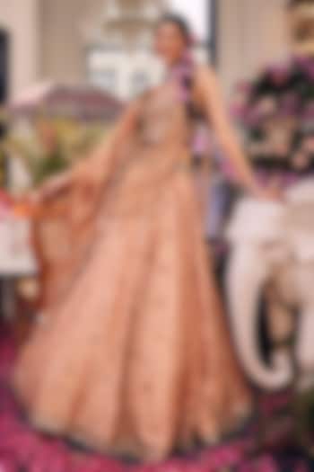 Gold Tissue & Polyester Hand Embellished Bridal Lehenga Set by Swish By dolcy and Simran at Pernia's Pop Up Shop