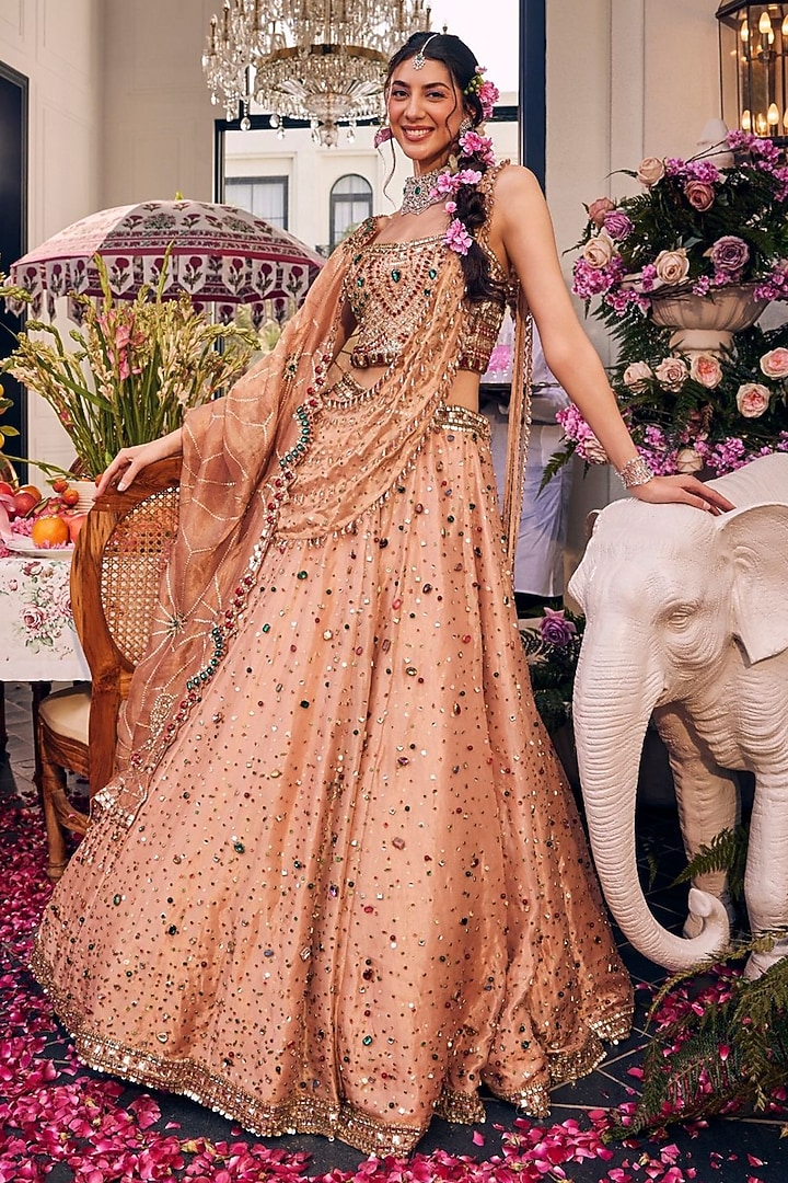 Gold Tissue & Polyester Hand Embellished Bridal Lehenga Set by Swish By dolcy and Simran at Pernia's Pop Up Shop