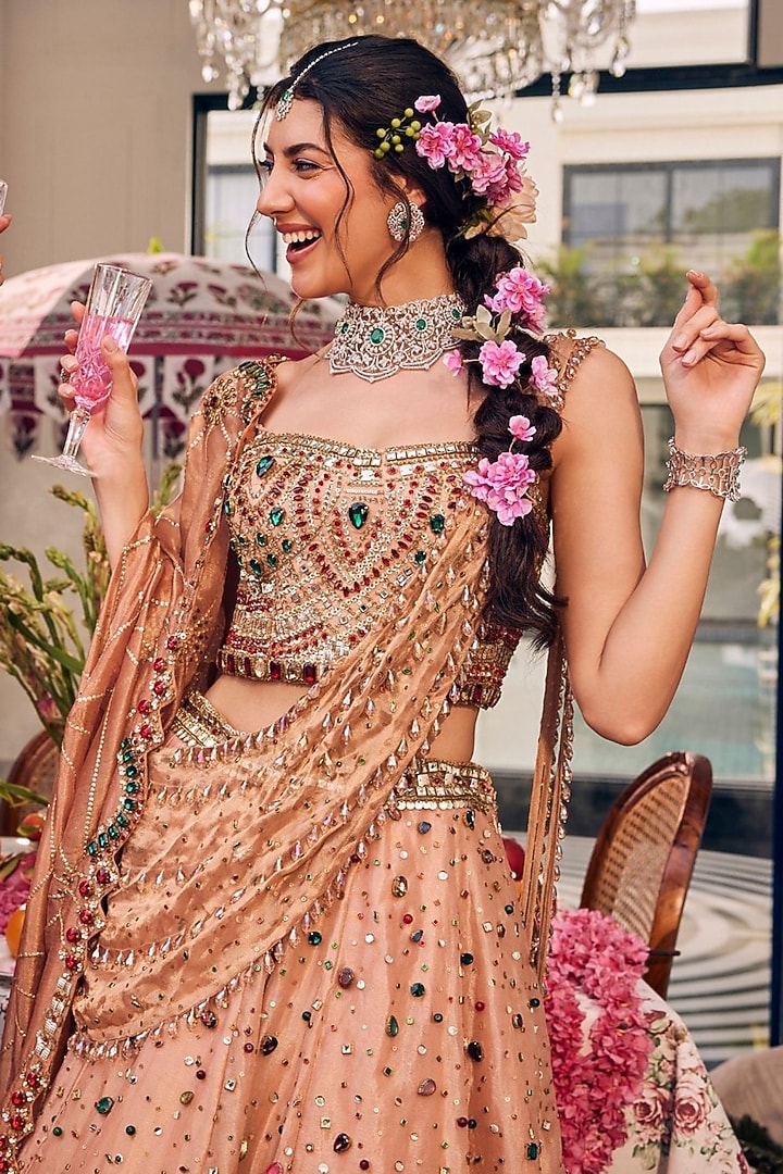 Gold Tissue & Polyester Hand Embellished Bridal Lehenga Set by Swish By dolcy and Simran at Pernia's Pop Up Shop
