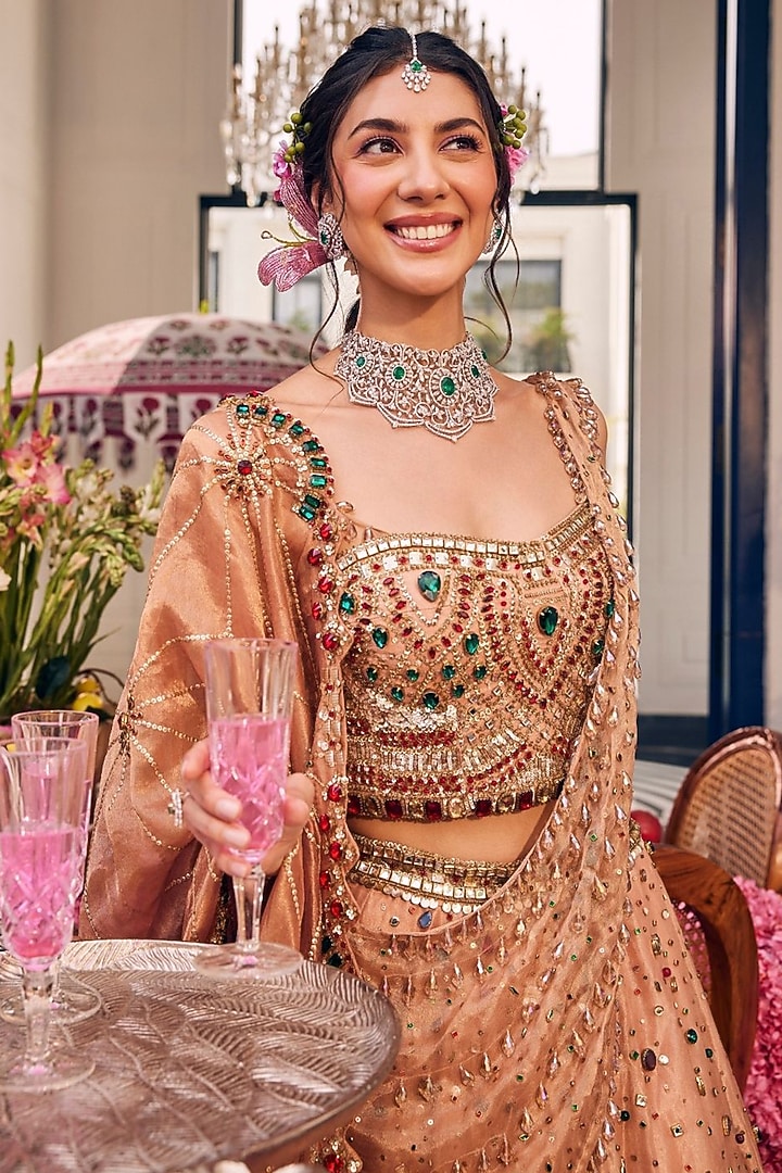 Gold Tissue & Polyester Hand Embellished Bridal Lehenga Set by Swish By dolcy and Simran at Pernia's Pop Up Shop