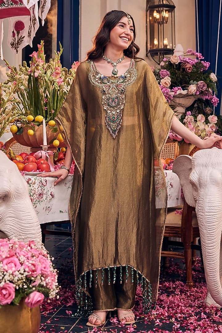 Olive Tissue & Polyester Hand Embellished Kaftan Set by Swish By dolcy and Simran at Pernia's Pop Up Shop