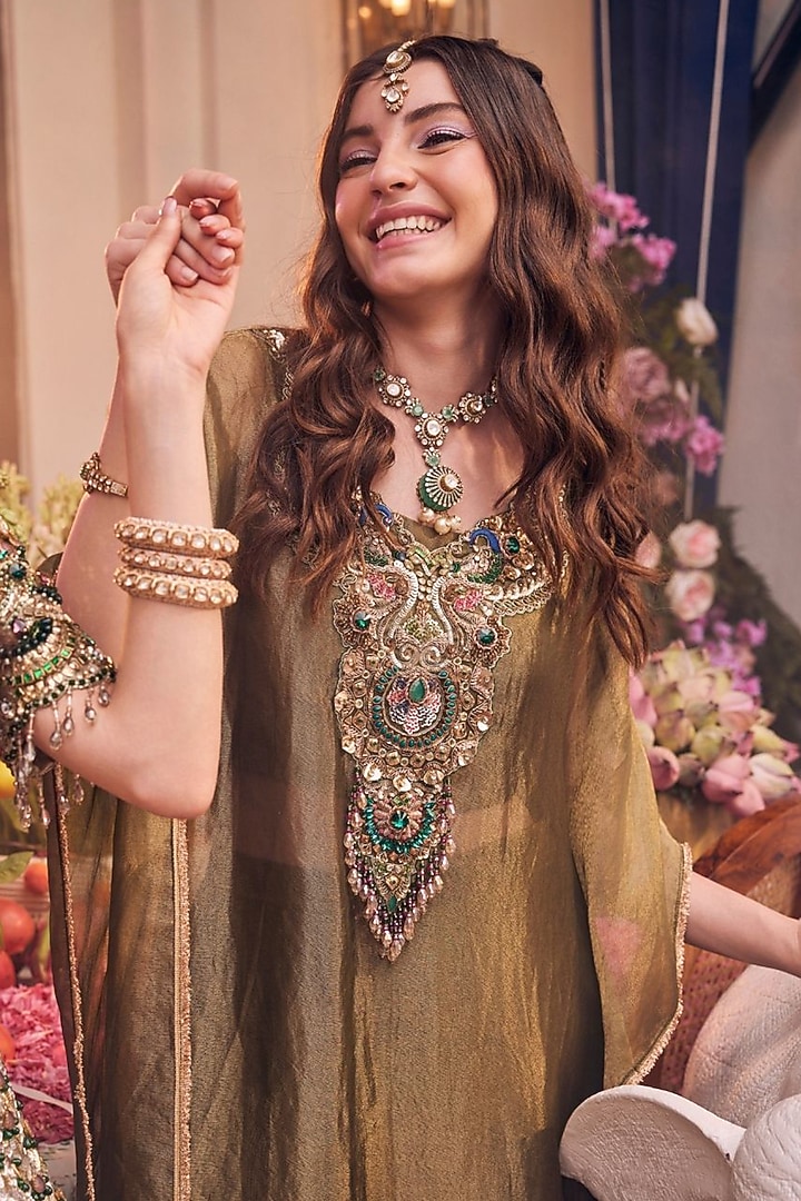 Olive Tissue & Polyester Hand Embellished Kaftan Set by Swish By dolcy and Simran at Pernia's Pop Up Shop