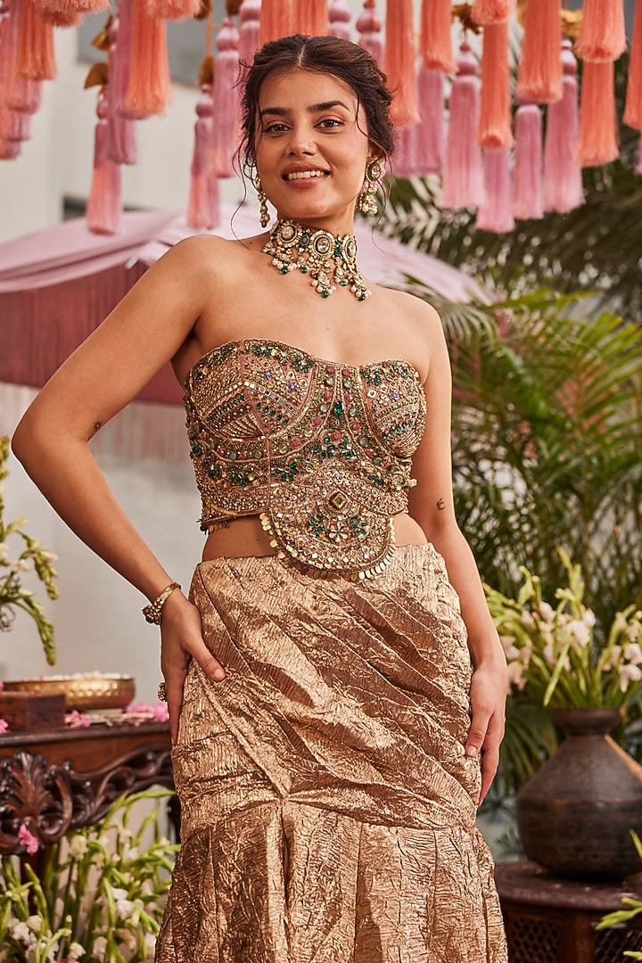 Gold Foil Fabric Hand Embellished Draped Skirt Set by Swish By dolcy and Simran at Pernia's Pop Up Shop