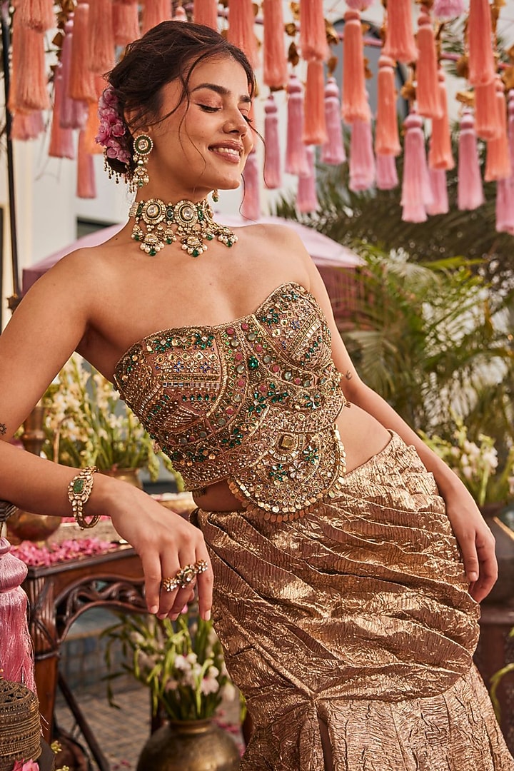 Gold Foil Fabric Hand Embellished Draped Skirt Set by Swish By dolcy and Simran at Pernia's Pop Up Shop