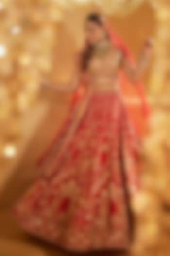 Red Raw Silk Embellished Bridal Lehenga Set by Swish By dolcy and Simran at Pernia's Pop Up Shop