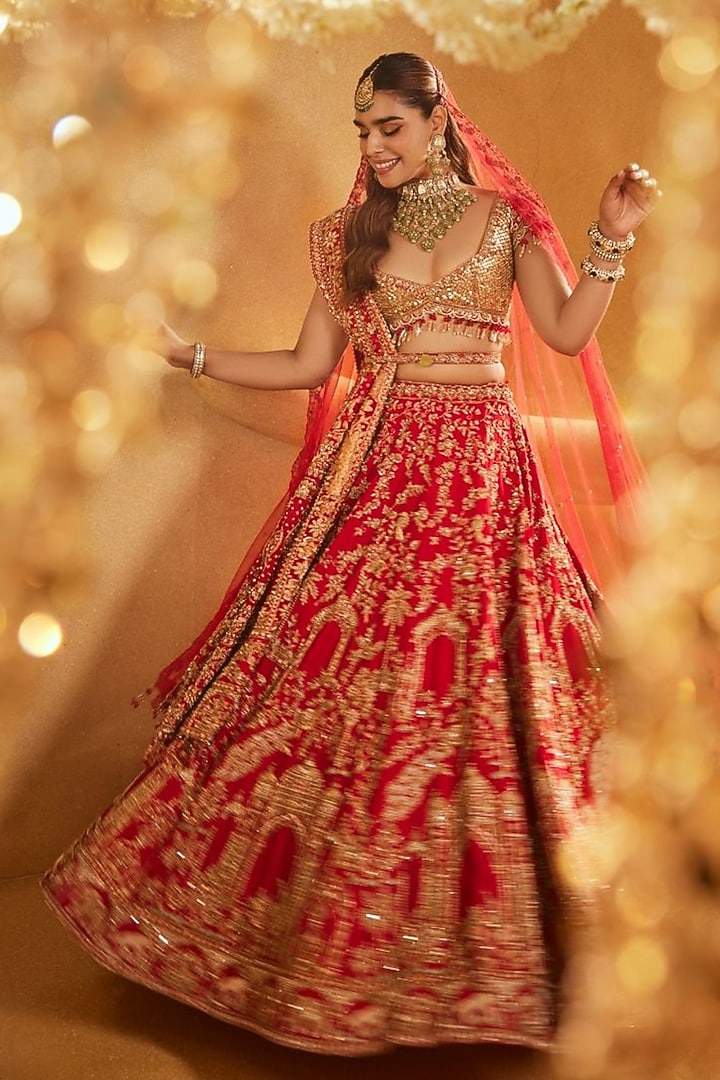 Red Raw Silk Embellished Bridal Lehenga Set by Swish By dolcy and Simran at Pernia's Pop Up Shop