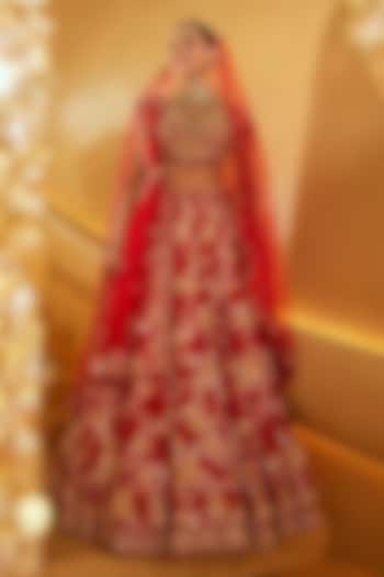 Red Raw Silk Hand Embellished Bridal Lehenga Set by Swish By dolcy and Simran at Pernia's Pop Up Shop