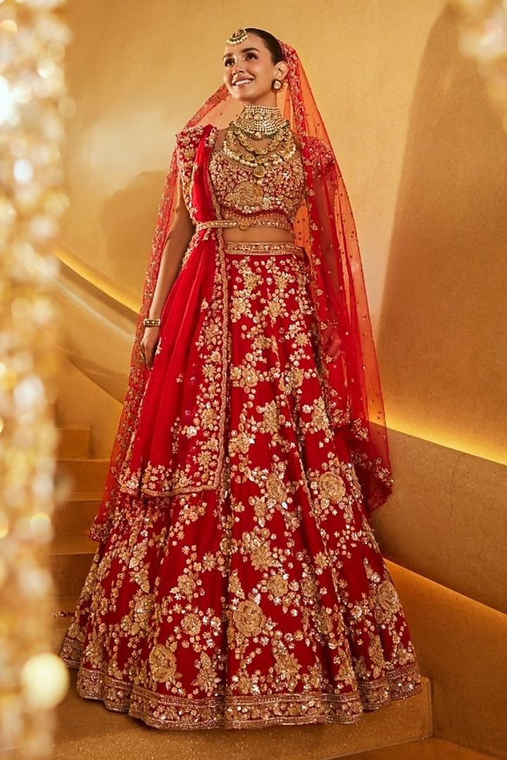 Red Raw Silk Hand Embellished Bridal Lehenga Set by Swish By dolcy and Simran at Pernia's Pop Up Shop