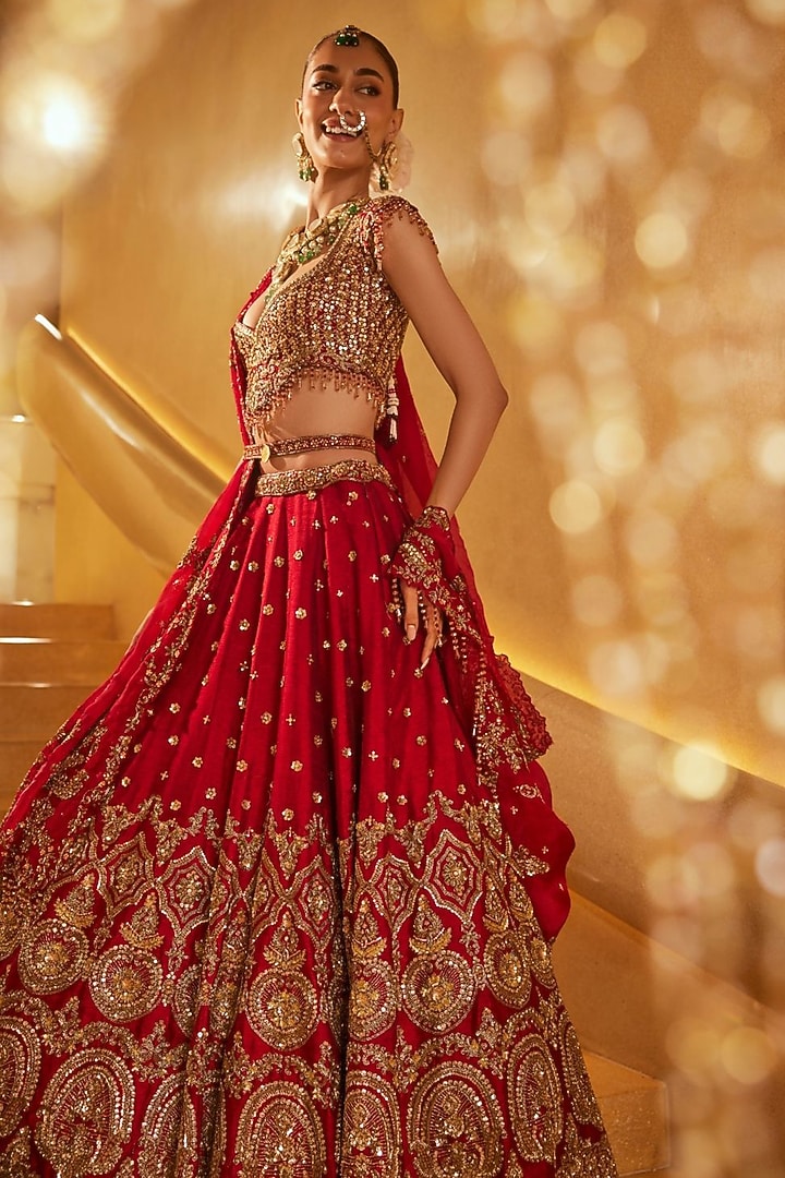 Red Raw Silk Embellished Bridal Lehenga Set by Swish By dolcy and Simran at Pernia's Pop Up Shop