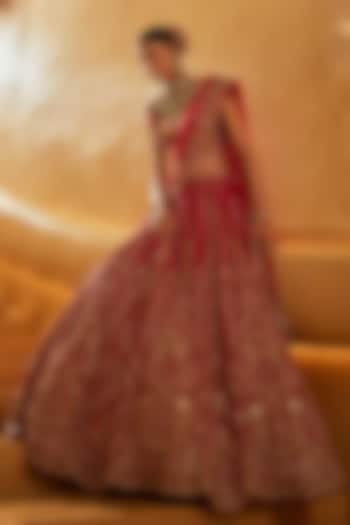 Red Raw Silk Embellished Bridal Lehenga Set by Swish By dolcy and Simran at Pernia's Pop Up Shop