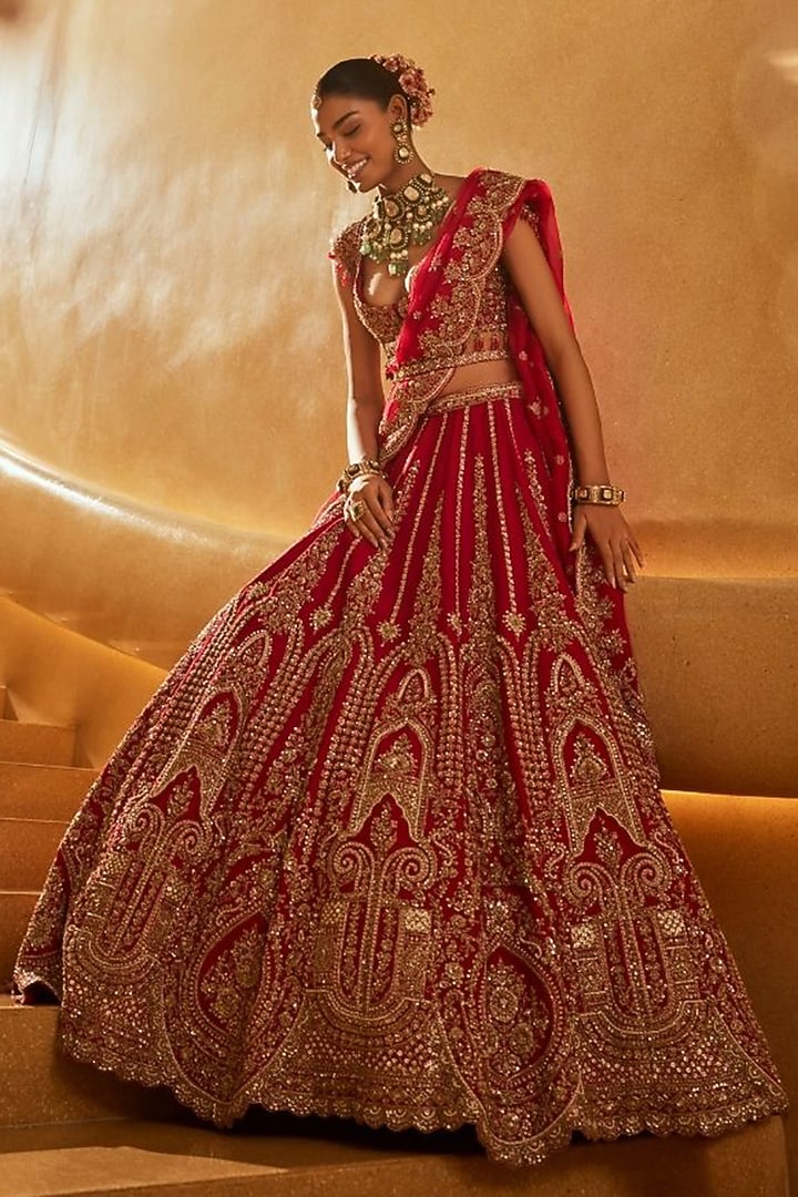 Red Raw Silk Embellished Bridal Lehenga Set by Swish By dolcy and Simran at Pernia's Pop Up Shop