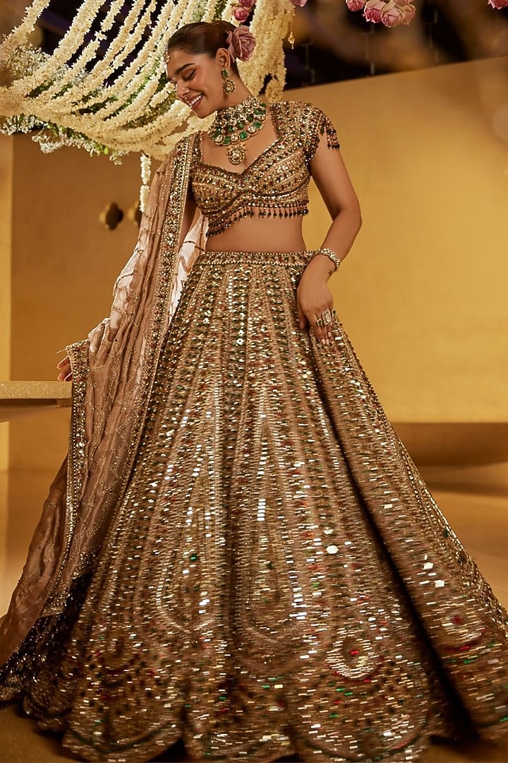 Gold Net Hand Embellished Bridal Lehenga Set by Swish By dolcy and Simran at Pernia's Pop Up Shop