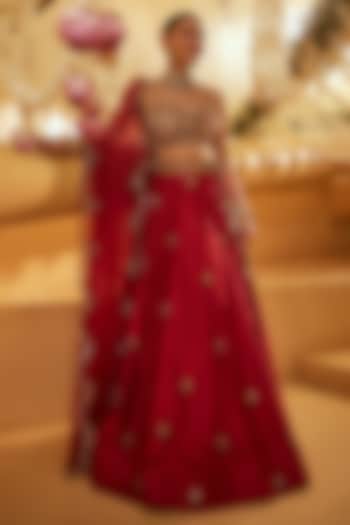 Red Raw Silk Hand Embellished Wedding Lehenga Set by Swish By dolcy and Simran at Pernia's Pop Up Shop
