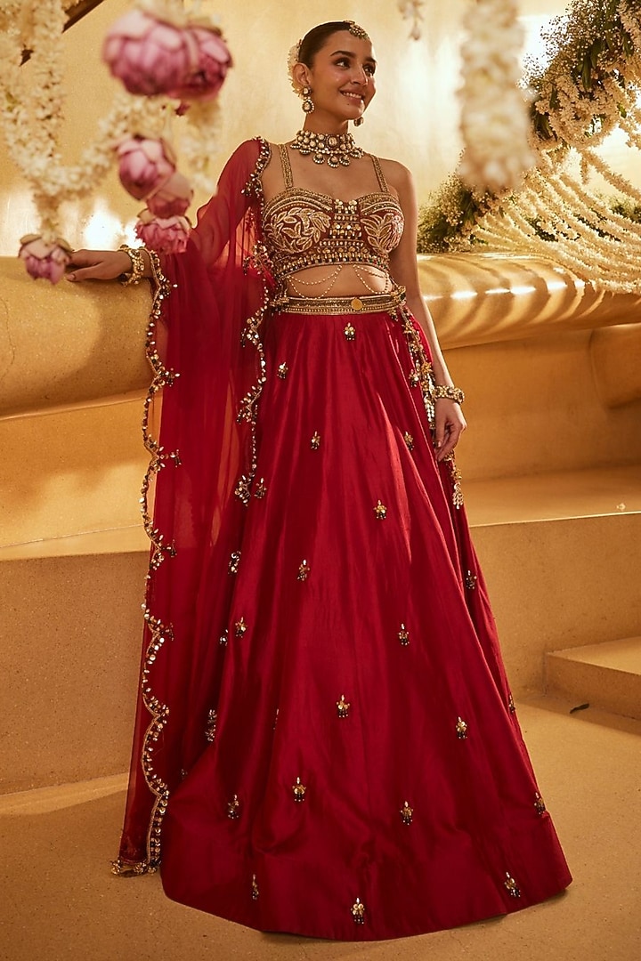 Red Raw Silk Hand Embellished Wedding Lehenga Set by Swish By dolcy and Simran at Pernia's Pop Up Shop