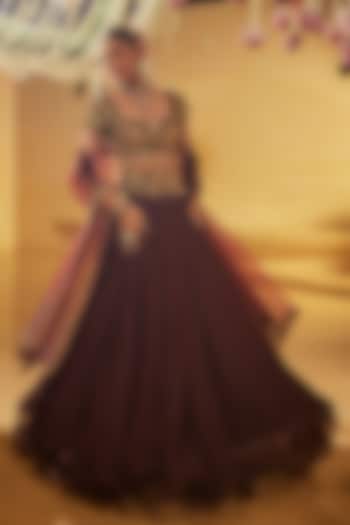 Wine Satin Organza Hand Embellished Wedding Lehenga Set by Swish By dolcy and Simran at Pernia's Pop Up Shop