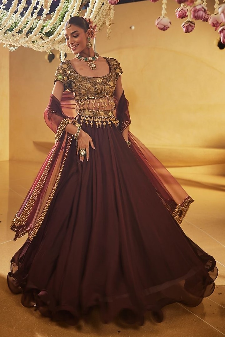 Wine Satin Organza Hand Embellished Wedding Lehenga Set by Swish By dolcy and Simran at Pernia's Pop Up Shop