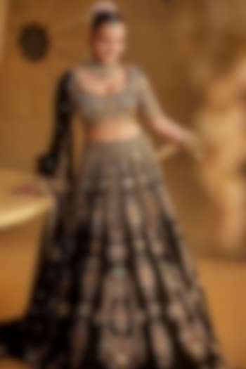 Black Dupion Silk Embellished Bridal Lehenga Set by Swish By dolcy and Simran at Pernia's Pop Up Shop