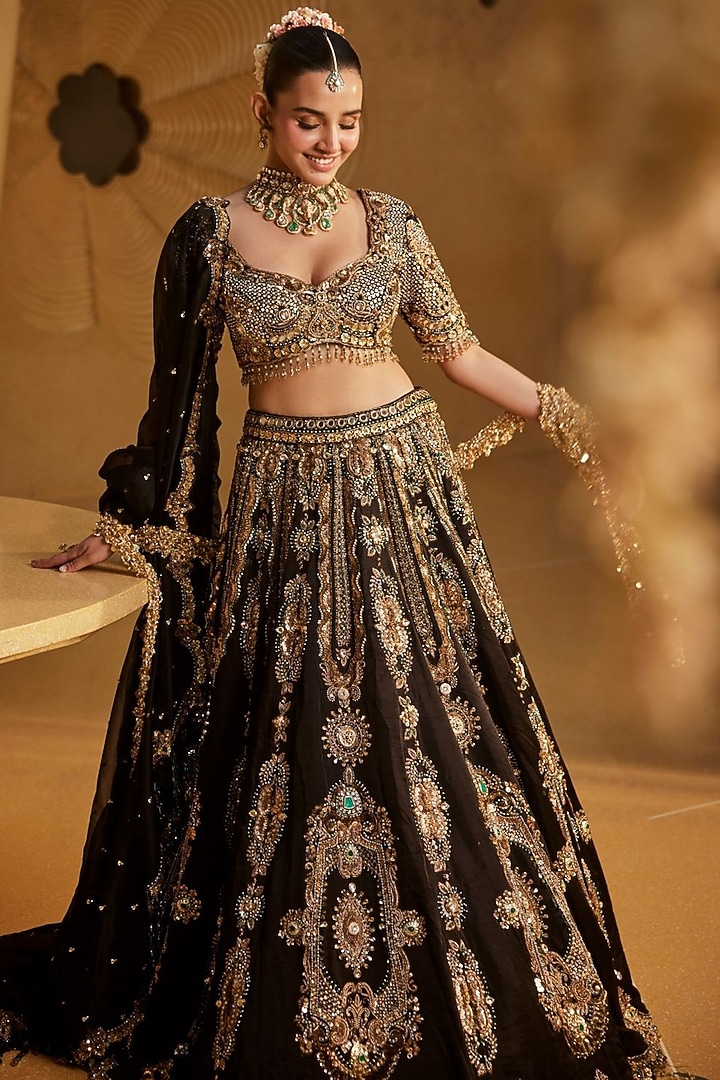 Black Dupion Silk Embellished Bridal Lehenga Set by Swish By dolcy and Simran at Pernia's Pop Up Shop