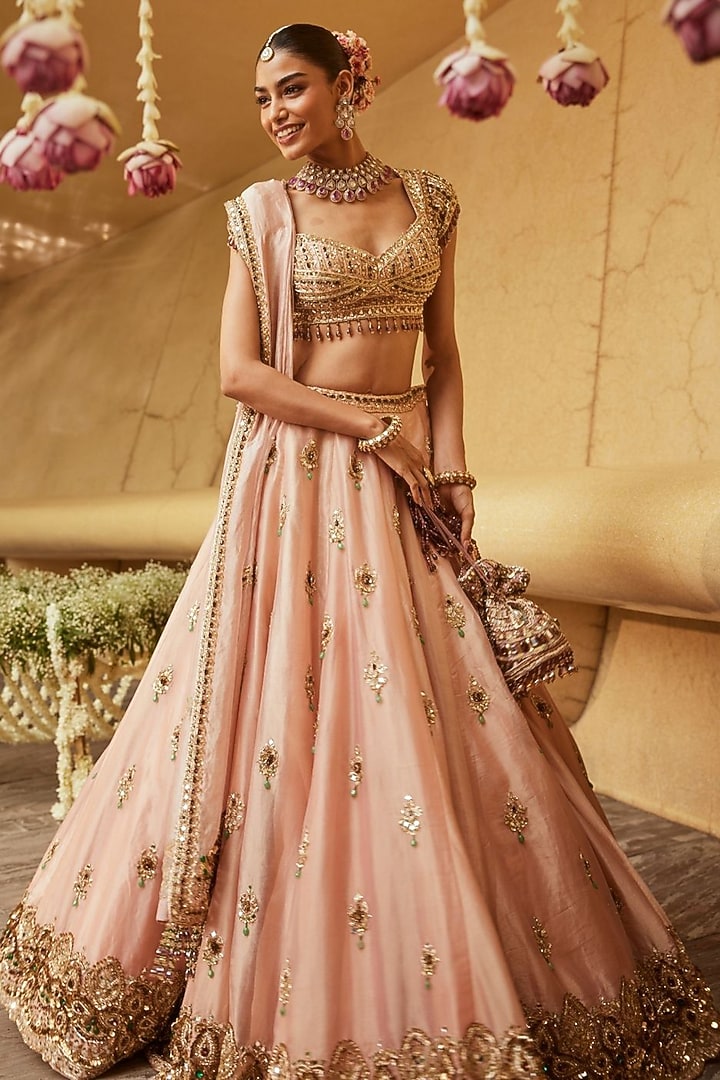 Blush Pink Tissue Embellished Bridal Lehenga Set by Swish By dolcy and Simran at Pernia's Pop Up Shop