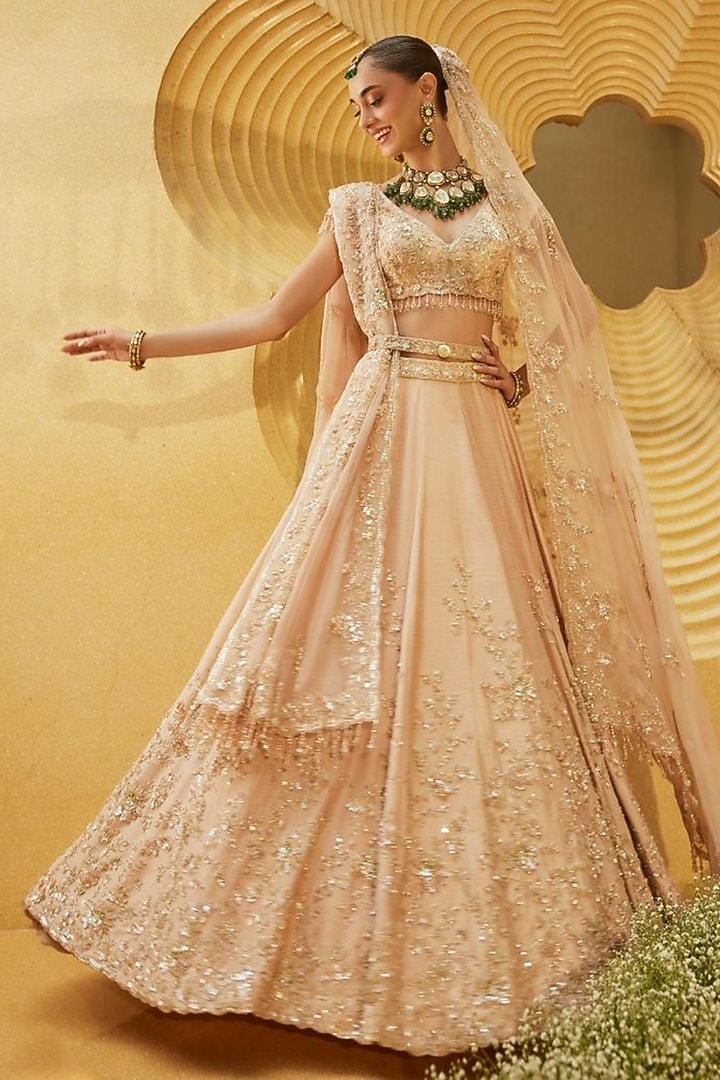 Blush Pink Raw Silk Hand Embellished Bridal Lehenga Set by Swish By dolcy and Simran at Pernia's Pop Up Shop