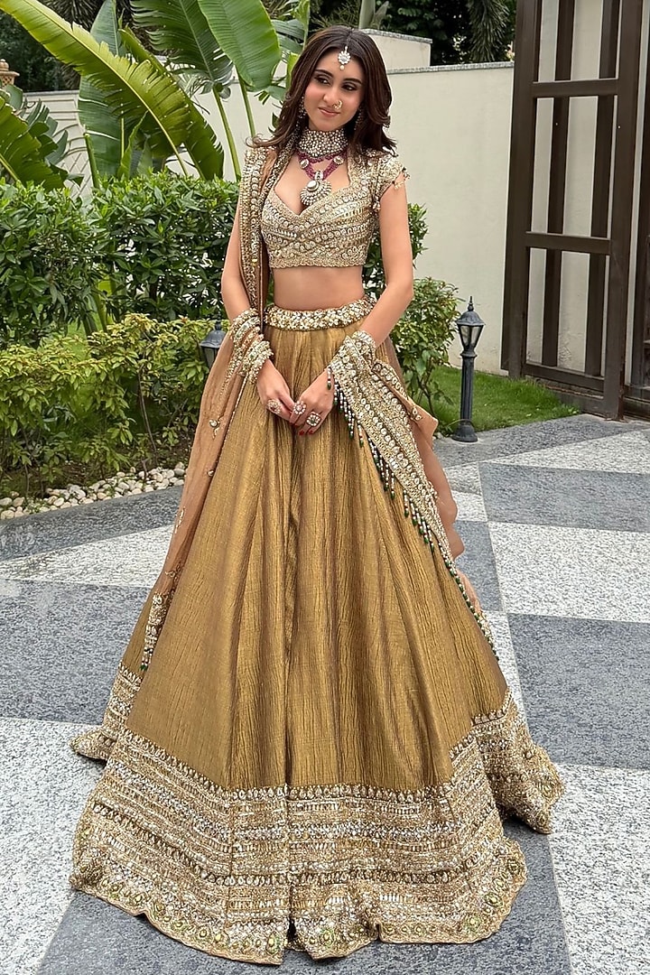 Olive Raw Silk Hand Embellished Bridal Lehenga Set by Swish By dolcy and Simran at Pernia's Pop Up Shop
