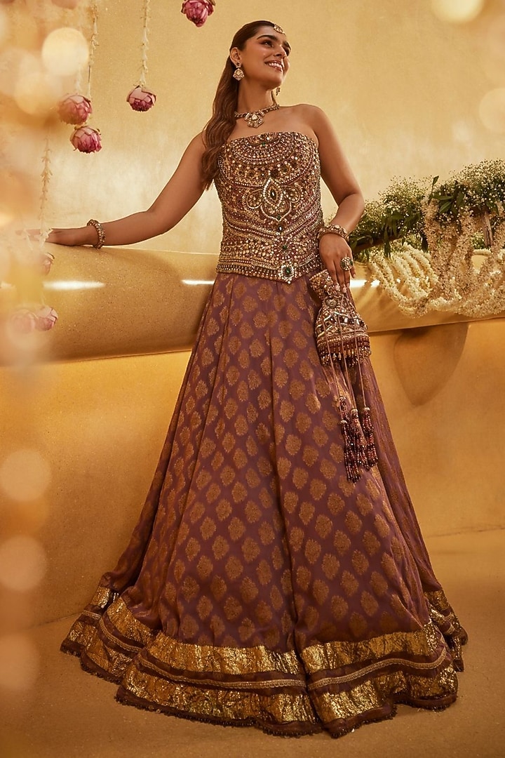 Mauve Silk Hand Embellished Skirt Set by Swish By dolcy and Simran at Pernia's Pop Up Shop