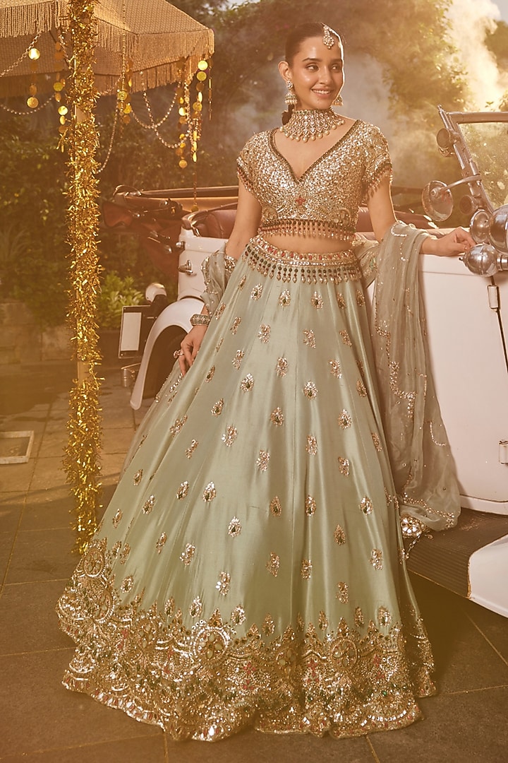Dusty Aqua Silk & Tissue Jewel Stone Embellished Bridal Lehenga Set by Swish By dolcy and Simran at Pernia's Pop Up Shop