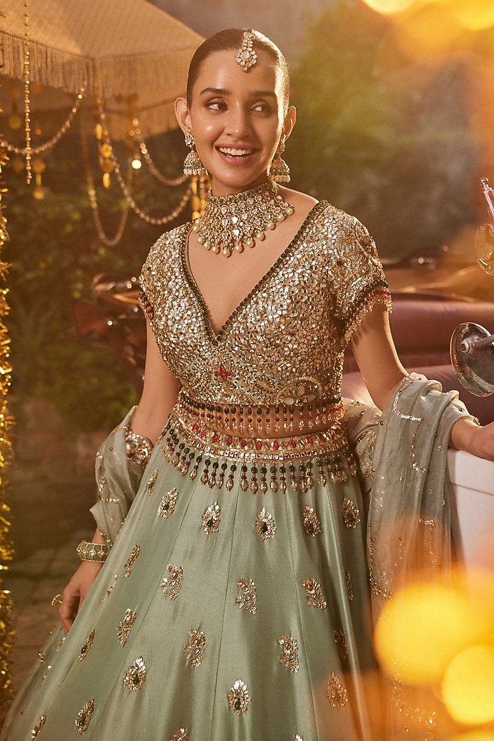 Dusty Aqua Silk & Tissue Jewel Stone Embellished Bridal Lehenga Set by Swish By dolcy and Simran at Pernia's Pop Up Shop