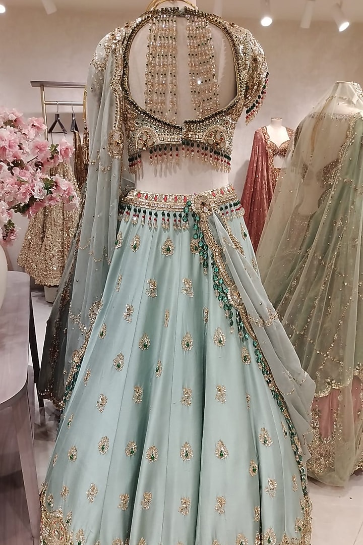Dusty Aqua Silk & Tissue Jewel Stone Embellished Bridal Lehenga Set by Swish By dolcy and Simran at Pernia's Pop Up Shop